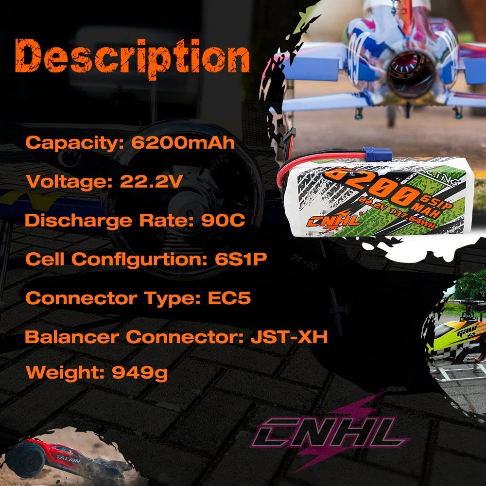CNHL Lipo 6S 22.2V Battery 6200mAh 90C With EC5 Plug For RC Cars Parts Boats Helicopter Airplane Truggy Buggy Vehicle Speedrun 5 CNHL Lipo 6S 22.2V Battery 6200mAh 90C With EC5 Plug For RC Cars Parts Boats Helicopter Airplane Truggy Buggy Vehicle Speedrun - Image 5